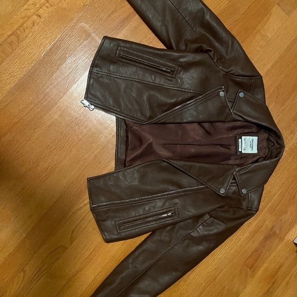 NWOT Abercrombie & Fitch Brown Vegan Leather Moto Full Zip Jacket w. Pockets - M - Picture 6 of 10
